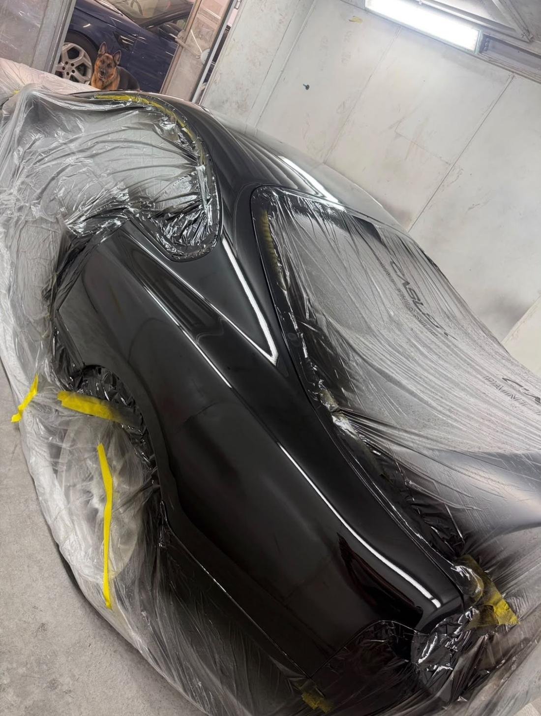 Fresh gloss black respray in the spray booth, Triple R Paintworx